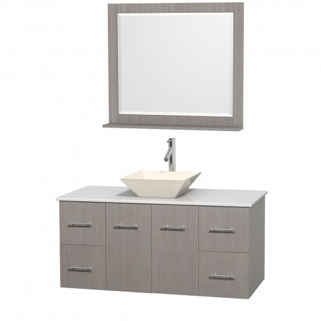 48 inch Single Bathroom Vanity in Gray Oak, White Man-Made Stone Countertop, Pyra Bone Porcelain Sink, and 36 inch Mirror