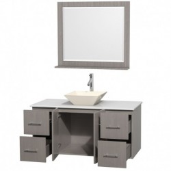 48 inch Single Bathroom Vanity in Gray Oak, White Man-Made Stone Countertop, Pyra Bone Porcelain Sink, and 36 inch Mirror