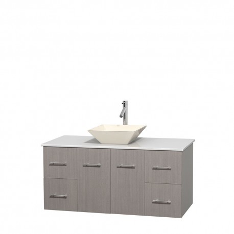 48 inch Single Bathroom Vanity in Gray Oak, White Man-Made Stone Countertop, Pyra Bone Porcelain Sink, and No Mirror