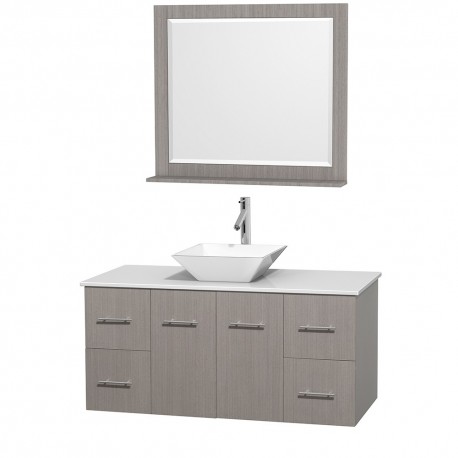 48 inch Single Bathroom Vanity in Gray Oak, White Man-Made Stone Countertop, Pyra White Porcelain Sink, and 36 inch Mirror