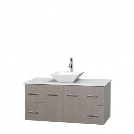 48 inch Single Bathroom Vanity in Gray Oak, White Man-Made Stone Countertop, Pyra White Porcelain Sink, and No Mirror