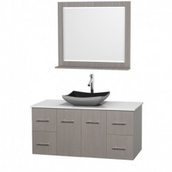 48 inch Single Bathroom Vanity in Gray Oak, White Man-Made Stone Countertop, Altair Black Granite Sink, and 36 inch Mirror