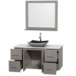 48 inch Single Bathroom Vanity in Gray Oak, White Man-Made Stone Countertop, Altair Black Granite Sink, and 36 inch Mirror