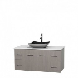 48 inch Single Bathroom Vanity in Gray Oak, White Man-Made Stone Countertop, Altair Black Granite Sink, and No Mirror