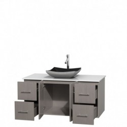 48 inch Single Bathroom Vanity in Gray Oak, White Man-Made Stone Countertop, Altair Black Granite Sink, and No Mirror