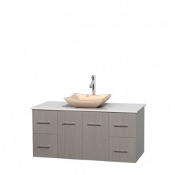 48 inch Single Bathroom Vanity in Gray Oak, White Man-Made Stone Countertop, Avalon Ivory Marble Sink, and No Mirror