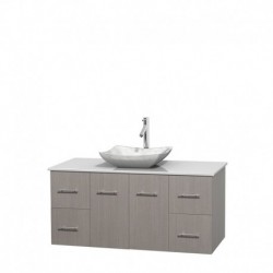 48 inch Single Bathroom Vanity in Gray Oak, White Man-Made Stone Countertop, Avalon White Carrera Marble Sink, and No Mirror