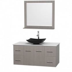 48 inch Single Bathroom Vanity in Gray Oak, White Man-Made Stone Countertop, Arista Black Granite Sink, and 36 inch Mirror