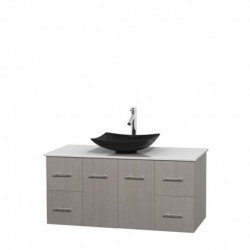 48 inch Single Bathroom Vanity in Gray Oak, White Man-Made Stone Countertop, Arista Black Granite Sink, and No Mirror