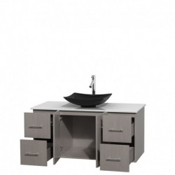 48 inch Single Bathroom Vanity in Gray Oak, White Man-Made Stone Countertop, Arista Black Granite Sink, and No Mirror
