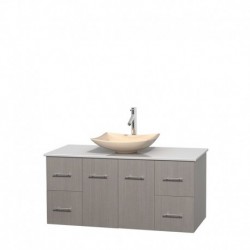 48 inch Single Bathroom Vanity in Gray Oak, White Man-Made Stone Countertop, Arista Ivory Marble Sink, and No Mirror