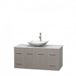 48 inch Single Bathroom Vanity in Gray Oak, White Man-Made Stone Countertop, Arista White Carrera Marble Sink, and No Mirror