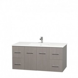 48 inch Single Bathroom Vanity in Gray Oak, White Man-Made Stone Countertop, Undermount Square Sink, and No Mirror