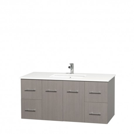 48 inch Single Bathroom Vanity in Gray Oak, White Man-Made Stone Countertop, Undermount Square Sink, and No Mirror