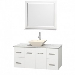 48 inch Single Bathroom Vanity in Matte White, White Carrera Marble Countertop, Pyra Bone Porcelain Sink, and 36 inch Mirror