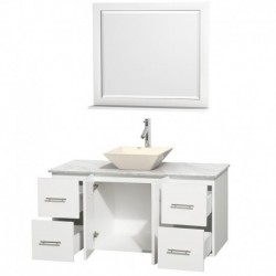 48 inch Single Bathroom Vanity in Matte White, White Carrera Marble Countertop, Pyra Bone Porcelain Sink, and 36 inch Mirror