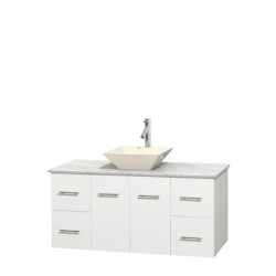 48 inch Single Bathroom Vanity in Matte White, White Carrera Marble Countertop, Pyra Bone Porcelain Sink, and No Mirror