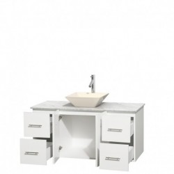 48 inch Single Bathroom Vanity in Matte White, White Carrera Marble Countertop, Pyra Bone Porcelain Sink, and No Mirror