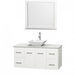 48 inch Single Bathroom Vanity in Matte White, White Carrera Marble Countertop, Pyra White Porcelain Sink, and 36 inch Mirror