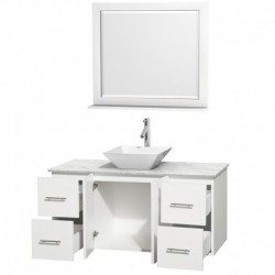 48 inch Single Bathroom Vanity in Matte White, White Carrera Marble Countertop, Pyra White Porcelain Sink, and 36 inch Mirror