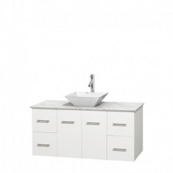 48 inch Single Bathroom Vanity in Matte White, White Carrera Marble Countertop, Pyra White Porcelain Sink, and No Mirror