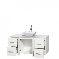 48 inch Single Bathroom Vanity in Matte White, White Carrera Marble Countertop, Pyra White Porcelain Sink, and No Mirror