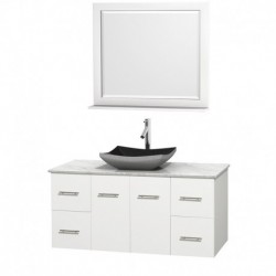 48 inch Single Bathroom Vanity in Matte White, White Carrera Marble Countertop, Altair Black Granite Sink, and 36 inch Mirror
