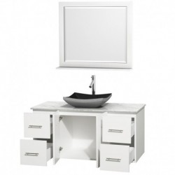 48 inch Single Bathroom Vanity in Matte White, White Carrera Marble Countertop, Altair Black Granite Sink, and 36 inch Mirror