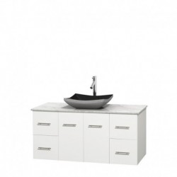48 inch Single Bathroom Vanity in Matte White, White Carrera Marble Countertop, Altair Black Granite Sink, and No Mirror