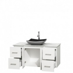 48 inch Single Bathroom Vanity in Matte White, White Carrera Marble Countertop, Altair Black Granite Sink, and No Mirror