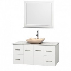 48 inch Single Bathroom Vanity in Matte White, White Carrera Marble Countertop, Avalon Ivory Marble Sink, and 36 inch Mirror