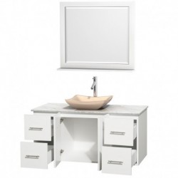 48 inch Single Bathroom Vanity in Matte White, White Carrera Marble Countertop, Avalon Ivory Marble Sink, and 36 inch Mirror