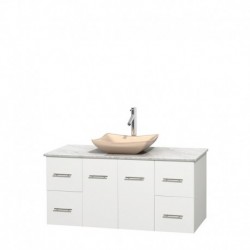 48 inch Single Bathroom Vanity in Matte White, White Carrera Marble Countertop, Avalon Ivory Marble Sink, and No Mirror