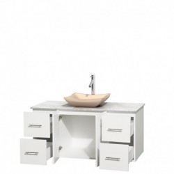 48 inch Single Bathroom Vanity in Matte White, White Carrera Marble Countertop, Avalon Ivory Marble Sink, and No Mirror