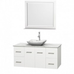 48 inch Single Bathroom Vanity in Matte White, White Carrera Marble Countertop, Avalon White Carrera Marble Sink, and 36 inch M