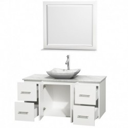 48 inch Single Bathroom Vanity in Matte White, White Carrera Marble Countertop, Avalon White Carrera Marble Sink, and 36 inch M
