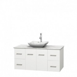 48 inch Single Bathroom Vanity in Matte White, White Carrera Marble Countertop, Avalon White Carrera Marble Sink, and No Mirror