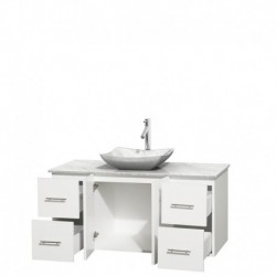48 inch Single Bathroom Vanity in Matte White, White Carrera Marble Countertop, Avalon White Carrera Marble Sink, and No Mirror