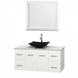 48 inch Single Bathroom Vanity in Matte White, White Carrera Marble Countertop, Arista Black Granite Sink, and 36 inch Mirror