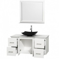 48 inch Single Bathroom Vanity in Matte White, White Carrera Marble Countertop, Arista Black Granite Sink, and 36 inch Mirror