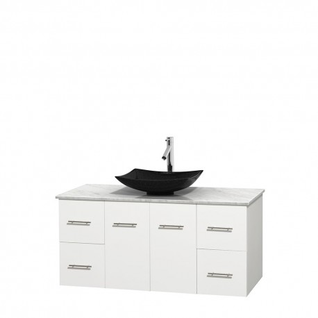 48 inch Single Bathroom Vanity in Matte White, White Carrera Marble Countertop, Arista Black Granite Sink, and No Mirror