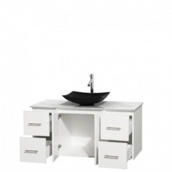 48 inch Single Bathroom Vanity in Matte White, White Carrera Marble Countertop, Arista Black Granite Sink, and No Mirror