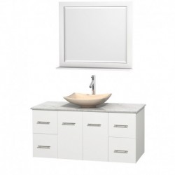 48 inch Single Bathroom Vanity in Matte White, White Carrera Marble Countertop, Arista Ivory Marble Sink, and 36 inch Mirror