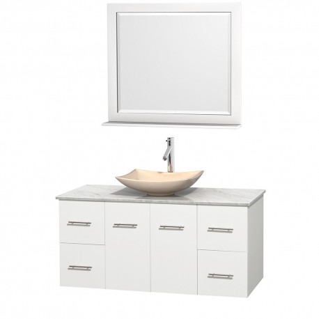 48 inch Single Bathroom Vanity in Matte White, White Carrera Marble Countertop, Arista Ivory Marble Sink, and 36 inch Mirror