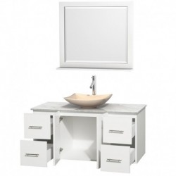 48 inch Single Bathroom Vanity in Matte White, White Carrera Marble Countertop, Arista Ivory Marble Sink, and 36 inch Mirror