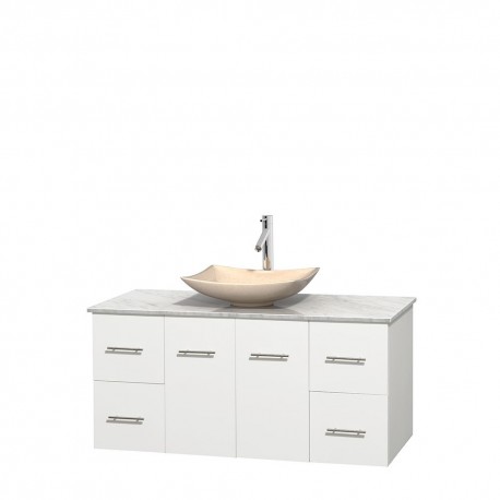 48 inch Single Bathroom Vanity in Matte White, White Carrera Marble Countertop, Arista Ivory Marble Sink, and No Mirror