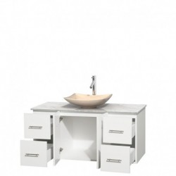 48 inch Single Bathroom Vanity in Matte White, White Carrera Marble Countertop, Arista Ivory Marble Sink, and No Mirror