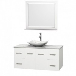 48 inch Single Bathroom Vanity in Matte White, White Carrera Marble Countertop, Arista White Carrera Marble Sink, and 36 inch M