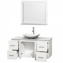48 inch Single Bathroom Vanity in Matte White, White Carrera Marble Countertop, Arista White Carrera Marble Sink, and 36 inch M