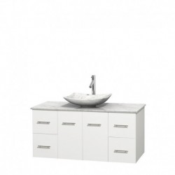 48 inch Single Bathroom Vanity in Matte White, White Carrera Marble Countertop, Arista White Carrera Marble Sink, and No Mirror